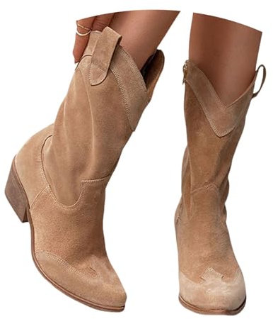 LDXEQIZ Botines De Ante Medias Botas Elegantes De Mujer con Tacón Cuadrado Booties Sin Cordones Retro Estilo Western Ankle Boots Cowboy Zapatos De Tobillo con Punta Puntiaguda(Brown,39 EU)