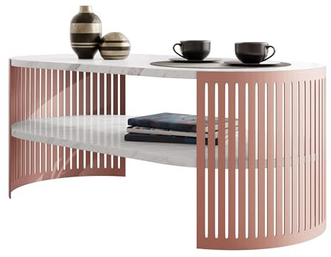 Mirjan24 Couchtisch mit Ablage Fahugin I, Ovale Form, Beine aus Metall, Kaffeetisch, Wohnzimmertische, Beistelltisch, Sofatisch, Teetisch (Bianco Marmor, Kupfer)