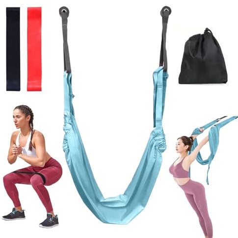 mumisuto Yoga Swing Set, Aerial Yoga Hammock Silk Anti Gravity Inversion Swing Exercises Sling Kit Aerial Yoga Rope Adjustable Height Leg Stretcher Strap for Pilates Dance Splits (Blue)