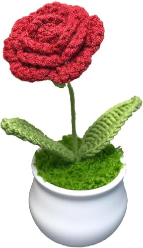 Fleur Crochet Fleurs Artificielles Deco Fleurs Tricotées Peluche, Petites Plantes Pot Faites à Main Tricotées Décorations Bureau de Chambre à Coucher Cadeau Jour Enseignant de Fin d'études (Roses)