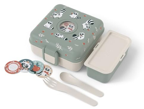 monbento - Kinder Brotdose mit Fächer Snacky grün Raccoon - Snackbox für ganze Sandwiches - Besteck inklusive - Lunchbox Personalisiert Kinder - Ideal für Schule/Picknick - BPA-Frei - Waschbär
