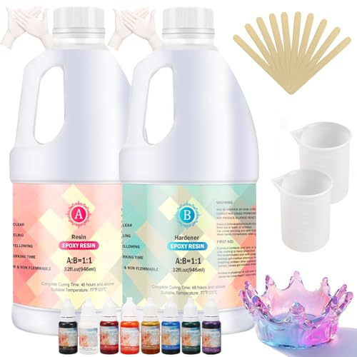 Smatdecis Epoxidharz Set, 1.9 L (64oz) 1: 1-Verhältnis Transparent & Hochglanz Epoxy Resin - Kristallklar Kunstharz-Beschichtung Epoxidharz Set Anfänger Gießharz inkl. 8 Farbpigmente