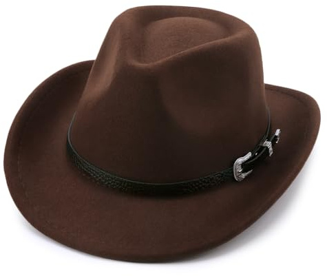 DRESHOW Cowboyhut Kinder Jungen Mädchen Fedora Hut Western mit Schnalle Gürtel Retro Panama Hüte Unisex Aufgerollte Mützen 4-12 Jahre