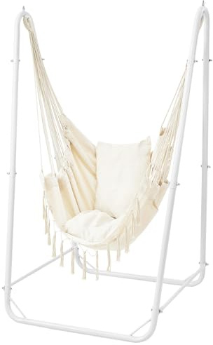 U-Shaped Hammock Chair with Stand, Heavy-Duty Steel Hanging Chair with Stand for Indoor & Outdoor Use, Solid Support & Stable Base, 220 lbs Capacity, Easy Assembly - White