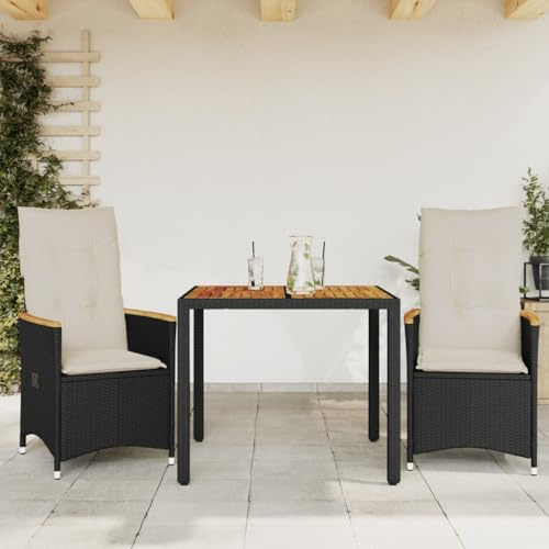 YuuSsea 3-TLG. Bistro-Set Schwarz aus Poly Rattan, verstellbare Relaxsessel, Akazienholz-Tisch 90x90cm, cremeweiße Kissen, UV-beständig, für Garten, Balkon, Terrasse