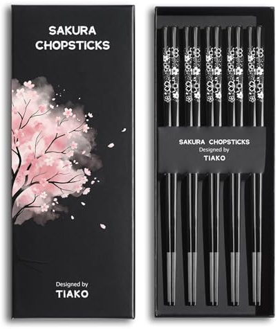 TIAKO Set di 5 paia di bacchette in fiore di ciliegio nero, acciaio inossidabile 18/8 di alta qualità, elegante confezione regalo, design giapponese Sakura per sushi, sala da pranzo asiatica e