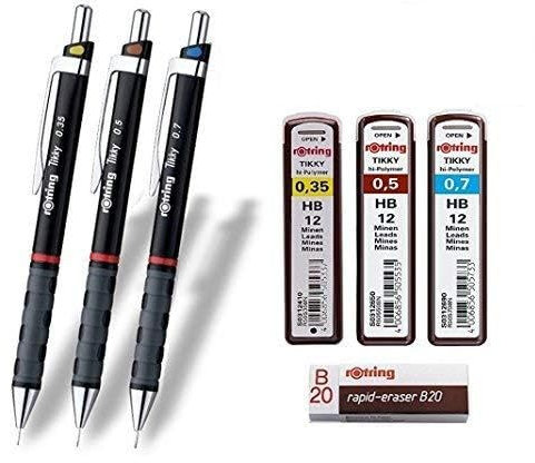 rOtring Tikky 3er Set mit Colourcode mit 4x Ersatzminen 0,35 HB | 2x 0,5 HB | 0,7 HB und Radierer B20