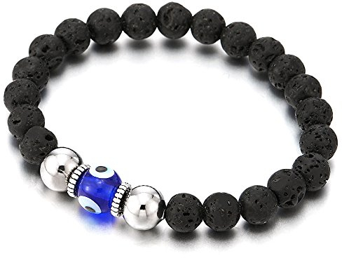 COOLSTEELANDBEYOND Homme Femme Noir Volcanique Volcan Pierre Bracelet de Perles AVCE Murano-Style Verre, Mauvais Oeil, Prayer Mala