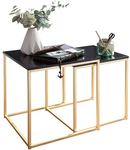 Wohnling Satztisch CHUR Schwarz/Gold Beistelltisch MDF/Metall, Couchtisch Set aus 2 Tischen, Kleiner Wohnzimmertisch, Metalltisch mit Holzplatte, Ablagetisch modern