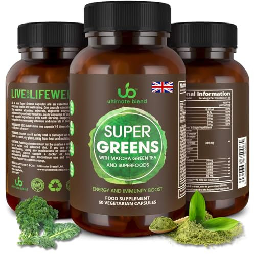 Ultimate Blend Vegan Superfood Capsules - 60 Tablets | Matcha & Green Tea Detox Supplement for Immune Support and Energy & Gut Health