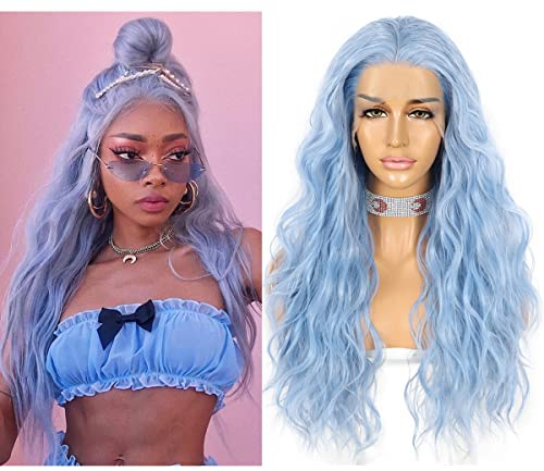 Sapphirewigs Lace Front Perücken für Frauen Hellblau Wellige synthetische Perücke 13x3 Spitze Vorne Lange Haare Cosplay Party Daily Wear Hitzebeständige 24 inch