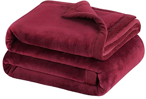 PiccoCasa Kuscheldecke Tagesdecke Fleecedecke mit Rand Microfaser Decke Weiche Warme Leichte Decke 330GSM für Bett Sofa usw. Burgunderrot 130x150cm