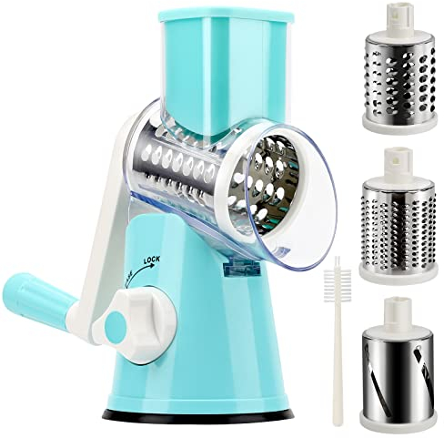 YNNICO Râpe à fromage rotative – Mandoline manuelle avec base d'aspiration antidérapante, trancheuse à légumes, noix, broyeur à fromage avec brosse de nettoyage