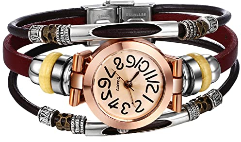 JewelryWe Uhren Damen Analog Quarz Armbanduhr Retro Mehrreihig Geflochten Leder Armband Wickelarmband Uhr für Frau Mädchen Braun