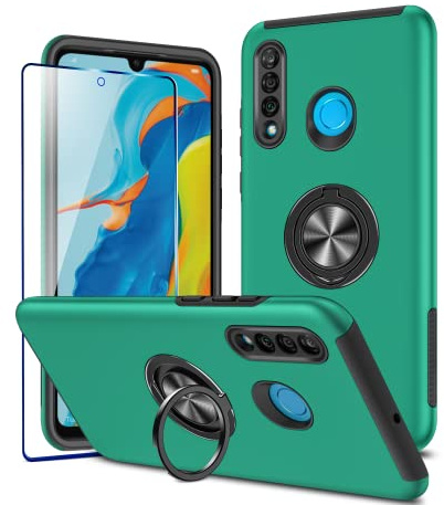 KRAFTCARE Funda para Huawei P30 Lite con 1 paquete de protector de pantalla de cristal templado, funda con anillo integrado de 360 grados, funda magnética resistente a los golpes para Huawei P30 Lite,