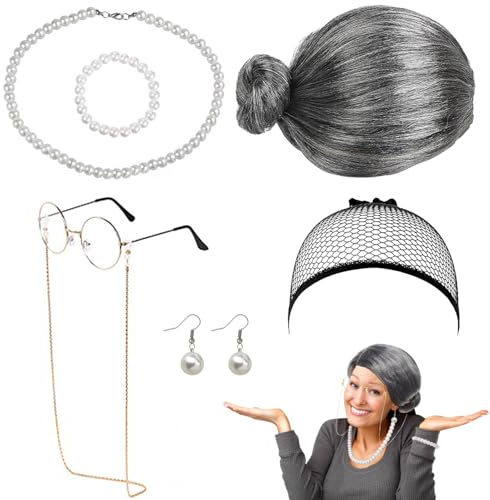 Alte Dame Cosplay Set, 7 TLG Großmutter Cosplay Zubehör Set, mit Oma Perücke Perückekappe Omabrille Brillenketten Armband Perlenkette Ohrringe für Halloween Karneval Mottoparty Fasching Deko