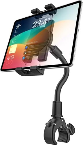 GDZN Gooseneck Treadmill Tablet Holder, iPad Clamp Mount for Bike, Handlebar, Spin Bike, Stroller, Wheelchair, Mic Stand, Indoor Cycling, Compatible with 4.7-13 Tablets and Phones