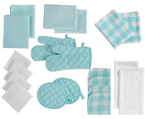 Lane Linen Kitchen Towels And Dishcloths Sets - 20Pc Kitchen Towel Set, 500 Degree Heat Resistant Oven Mitts & Pot Holder, Reusable Dish Cloths For Washing Dishes, Absorbent Kitchen Hand Towels - Aqua