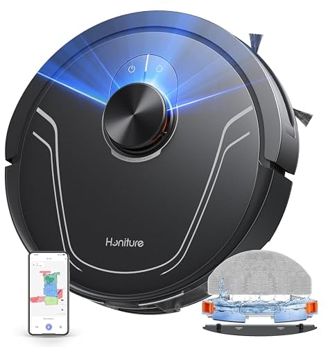 HONITURE Aspirateur Robot Laveur, 5000PA, Robot Aspirateur 3 en 1, Navigation Lidar pour Enregistrer 5 Cartes, Idéal pour Les Tapis De Poils d'animaux de Compagnie V8 Pro