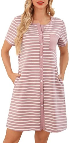 Lovasy Chemise de Nuit Femme Coton Chemise de Nuit Manches Courtes à Rayure Robe De Nuit Boutonnée Devant Tee Shirt de Nuit Femme Grande Taille avec Poches Latérales A Rose S