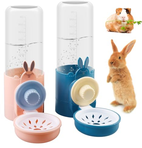 2 Piezas Bebedero Conejo para Jaula, 500ml Grande Botella Agua Conejo, Antigoteo Automática Dispensador de Agua para Animales Pequeños Conejos, Loros, Hamsters, Cobayas (Azul + Rosa, 500ml)