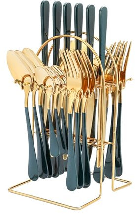 AVEKI 24-Piece Stainless Steel Cutlery Set with Stand - 6 Person Mirror Polished Tableware Set, Elegant Silverware for Home Restaurants, Includes Knives, Forks, Spoons, Tea Spoons (Green Gold)