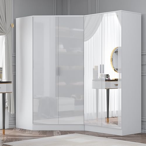 Reflect 2 Piece Bedroom Furniture Bundle - 2 Door CORNER + Double MIRROR Wardrobe (H: 180cm x W: 179cm x D: 103cm) (White/White)