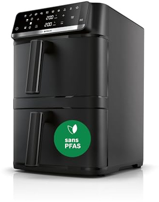 Bosch Friggitrice ad Aria Serie 6, XXL Doppio Cestello 12L, 2 Cestelli da 6L con Funzione SYNC, 6 Programmi Preimpostati, Rivestimento 100% Ceramica Non Tossico, Interno In Metallo, Nero, MAFD661B0 | Sincronizza la fine della cottura nei due cestini con la funzione Sincronizzazione fine.
