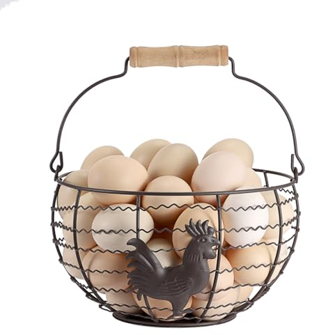 OGANAZI Eierkorb aus Draht Schwarz Eiersammelkorb Rund Metall Gitterkorb | Deko Drahtkorb Aufbewahrungskorb mit Holzgriff Küche Gemüsekorb Kleine Obstkorb Modern Brotkorb Mehrzweck Sammelkorb