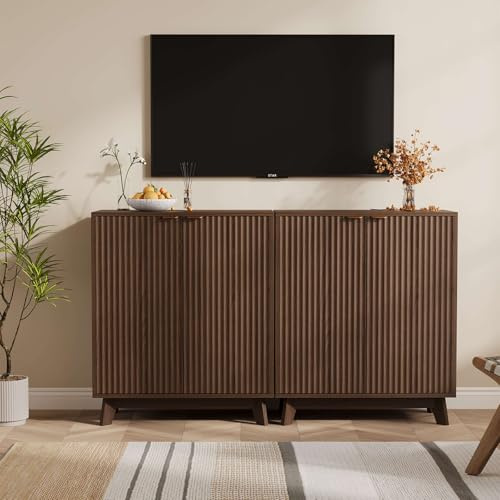 Zstar Buffet moderne cannelé en bois – Portes et étagères réglables, vaste espace de rangement, poignées dorées – Console salon, salle à manger ou cuisine – Résistant à l’eau – Finition noyer –