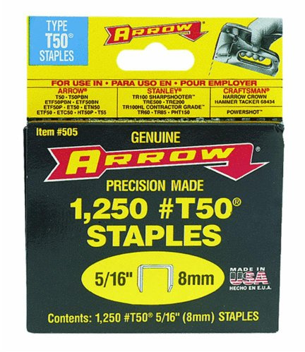 Arrow Fastener 505 4 Pack 5/16in. T50 Heavy Duty Staples, 1,250 Staples Per Pack