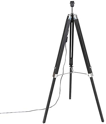 QAZQA - Industrie I Vintage I Ländliche Stehleuchte I Stehlampe I Standleuchte I Lampe I Leuchte schwarz ohne Schirm - Tripod I Dreifuß Lampe I Dreifuss I Wohnzimmer I Schlafzimmer - Holz Länglich - L
