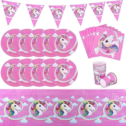 50 Pcs Unicorn Birthday Party Supplies Decorations,Unicorn Paper Plates Cups and Napkins,Pink Table Cloths Party for Children Birthday(5 Piece Set)