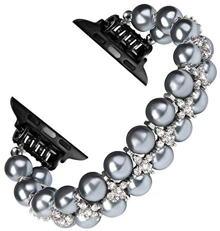 GEMEK Pearl Bracelet Compatible with Apple Watch Strap Women 38/40/41mm iWatch Strap Series 9/8/7/6/5/4/3/2/1, Artificial Elastic Stretch Bling Diamond Jewelry Wristband Replacement Band (Gray)