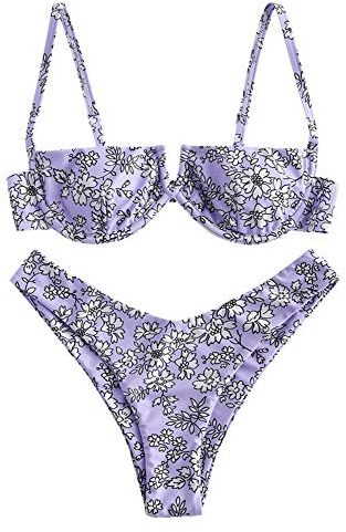 ZAFUL Bikini Set de Dos Piezas Floral Corte Alto Bikini con Arco & V Bañador para Mujer (Morado, M)