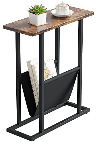 Yusong Small Narrow Side Table for Small Spaces, Slim End Table Magazine Table Nightstand with Storage Holder, Accent Skinny Snack Couch Bedside Table (Rustic Brown)