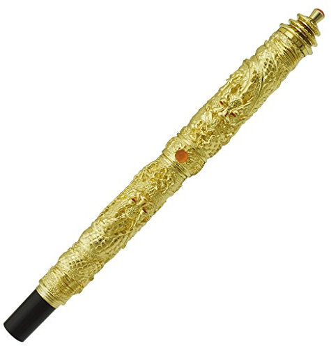 Jinhao Dragon Fountain Pen, Fine Nib Golden Colour Tower Cap, 3D Double Dragon Playing Pearl Embossed Barrel Ink Pen with Pen Bag