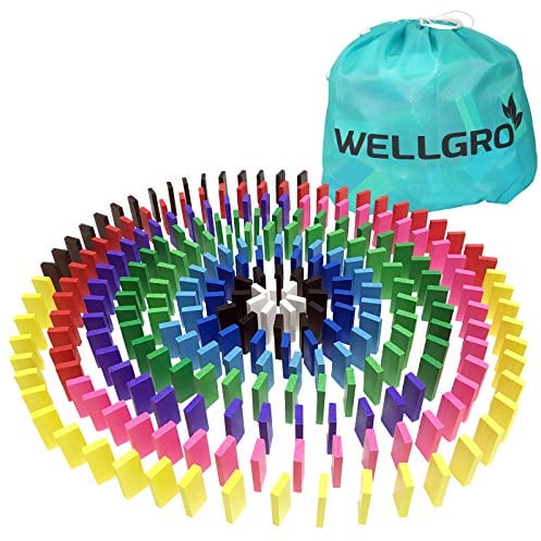 WELLGRO Bunte Domino Holzbausteine - Bausteine aus umweltfreundlichem Kiefernholz, Bauklötze inkl. Aufbewahrungsbeutel, Holzklötze, ungiftige Farbe, Stückzahl:300 Stück