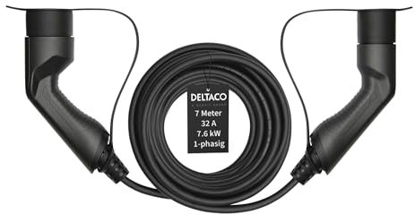DELTACO Typ 2 EV-Ladekabel für E-Autos und Hybrid Fahrzeuge, Elektroauto Charger Mennekes Kabel, Kompatibel mit ID.3, ID.4, Zoe, E-Tron, Model S/3/X/Y, Leaf, 1-phasig, 32A | 7.6kW, 7 Meter