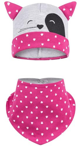 AJS Mütze + Dreieckstuch Übergangsmütze Frühling Herbst Katzengesicht Katzenohren Herz, Farbe: Pink/Grau, Größe: 44-46