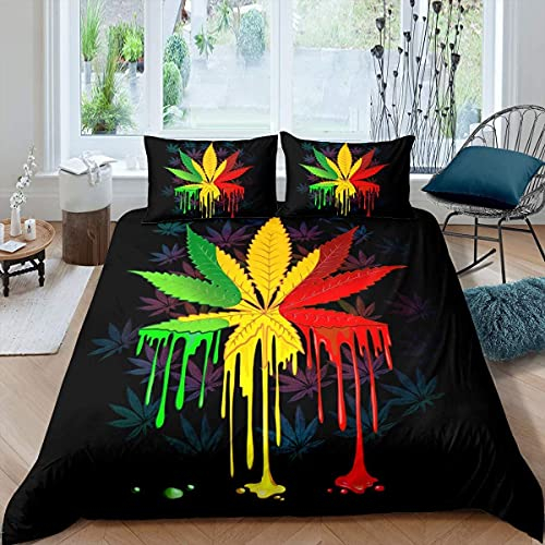 Loussiesd Marihuana Bettbezug Set Bunte Cannabisblätter Bettwäsche Set 135x200cm für Kinder Jungen Mädchen Marihuana Weed Botanisch Betten Set Natur Pflanzen Schlafzimmer Sammlung 2St
