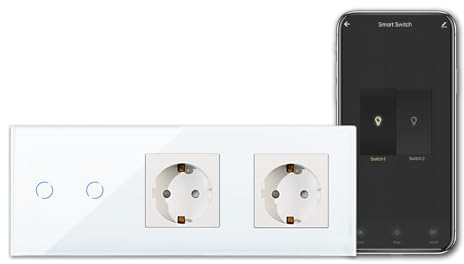 CNBINGO Smart Touchschalter mit Doppel Schuko Steckdose unterputz mit Glasrahmen, WLAN Lichtschalter Arbeit mit Alexa, Google Assistant, Wandschalter zweifach in Weiß, Neutralleiter Wird Benötigt