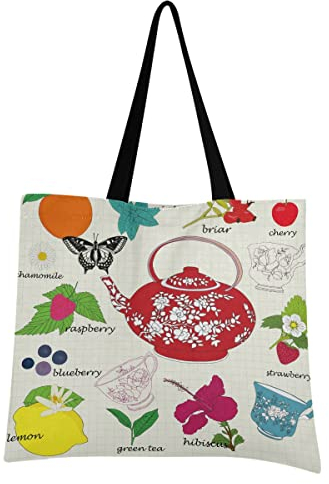 Flower Fruit Tea Pot Reusable Shopping Tote Grocery Foldable Bag Portable Storage Shoulder Bags Handbags for Travel Women Girls