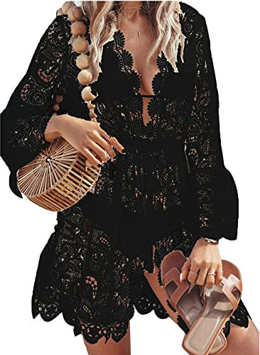 Women Lace Floral Bikini Cover Ups V Neck Hollow Out Swimwear Tunic Beach Dress Summer Beachwear (Y-Black Lace, Medium)