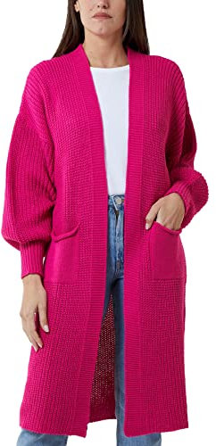 H&F Long Cardigan for Women New Ladies Classic Open Front Boyfriend Balloon Sleeve Chunky Knitted Maxi Longline Floaty Cardigan with 2 Side Pockets Loose Long Sleeve Size 8-22 (Fuchsia, OneSize)