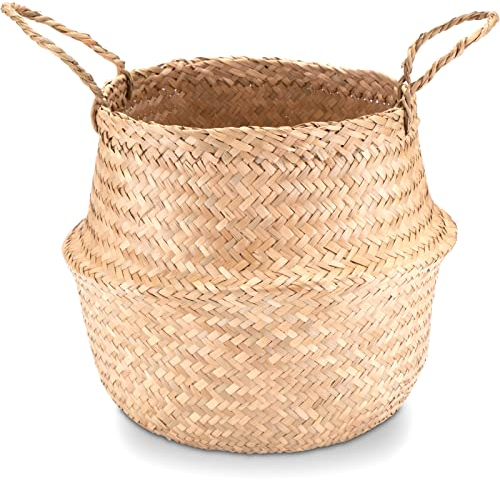 Decorasian Bauchkorb, geflochten aus Seegras groß und klein - Korb Übertopf in Stroh bzw. Bast Optik - Seegraskorb mit Henkel zum Tragen - 2 Stück 30cm