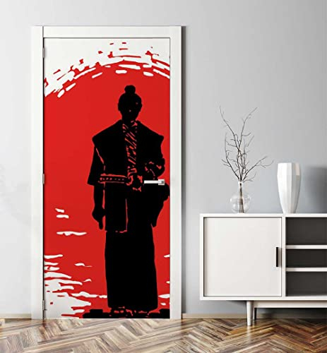 MyMaxxi - Tür bekleben mit Türtapete Türposter Türfolie Selbstklebend 90x200 Japanischer Samurai - Tür verschönern Türaufkleber Türklebefolie Krieger schwarz rot