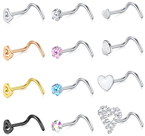 WillTen Nasenstecker Spirale Nasenpiercing Screw Damen Chirurgenstahl Nase Herz Stern Diamant CZ Schmuck Piercing 12 Stück 20G
