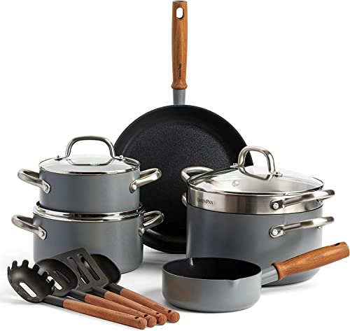 GreenPan Mayflower Pro Harteloxierte Keramische Antihaftbeschichtung, 13-teiliges Kochgeschirr Topf- und Pfannenset, Vintage Holzgriff, PFAS-frei, Induktionsgeeignet, Anthrazitgrau