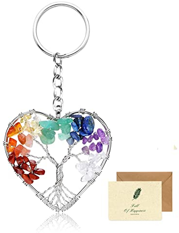 SwirlColor Baum des Lebens Schlüsselanhänger, Herz-Form 7 Chakra Heilung Kristall Lebensbaum Schlüsselanhänger Edelstein Glück Anhänger Schlüsselanhänger Damen mit einer Karte